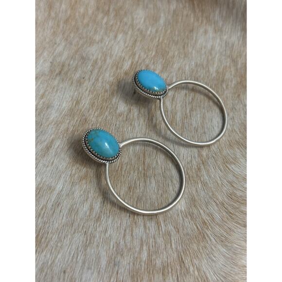 Huge Native American Sterling Silver Blue Kingman Turquoise Hoop Post Earrings - Picture 11 of 16